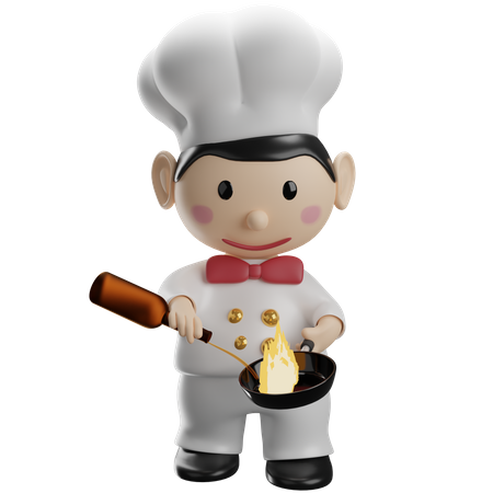 Chef cocinando con fuego ardiente en una sartén  3D Illustration