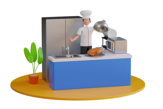 Chef cocinando pollo en la cocina del restaurante  3D Illustration
