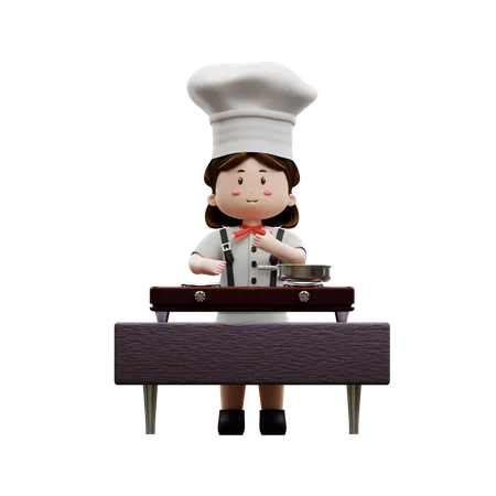 Chef femenina cocinando en la cocina  3D Illustration