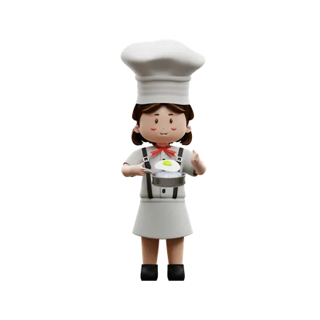 Chef femenina con huevo frito  3D Illustration