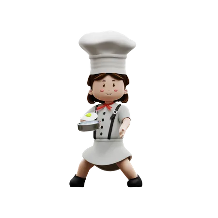 Chef femenina con huevo frito  3D Illustration