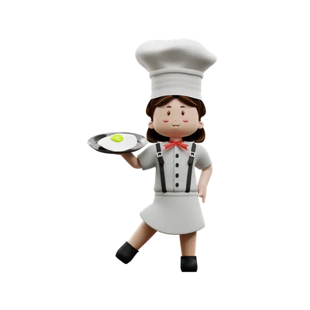 Chef femenina con huevo frito  3D Illustration