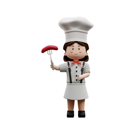 Chef femenina con salchicha  3D Illustration