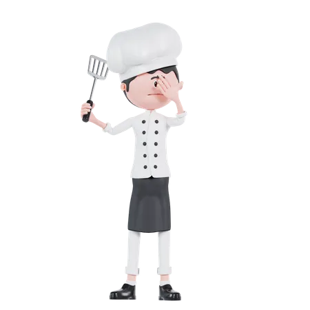 3 D Cartoon Chef Confused With Holding Spatula 3D Illustration