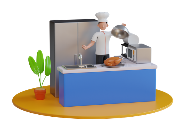 Chef cooking chicken in restaurant kitchen 3D Icon