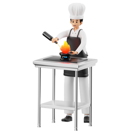 Chef Cooking With Burning Fire On  3D Illustration
