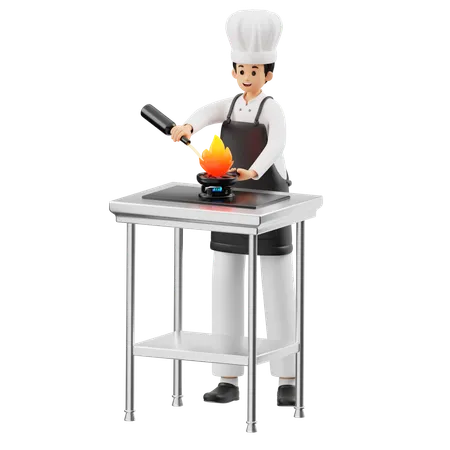 Chef Cooking With Burning Fire On  3D Illustration