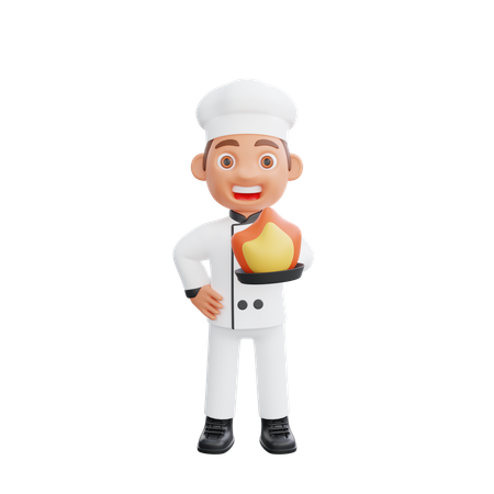Chef Cooking With Burning Fire On Frying Pan  3D Illustration