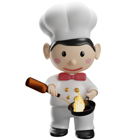 Chef Cooking With Burning Fire On Frying Pan  3D Icon