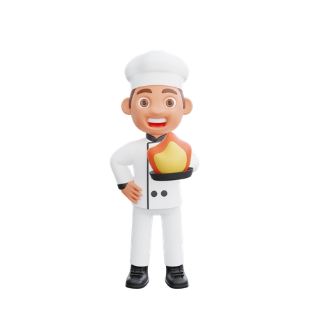 Chef Cooking With Burning Fire On Frying Pan  3D Icon