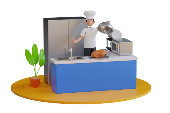 Chef cozinhando frango na cozinha do restaurante  3D Illustration