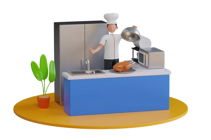 Chef 3 D Cozinhando Frango Na Cozinha Do Restaurante Personagem De Chef Segurando O Prato De Prata Na Mao Cozinhando Ilustracao 3 D De Frango 3D Illustration