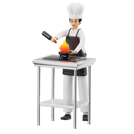 Chef cozinhando com fogo aceso  3D Illustration