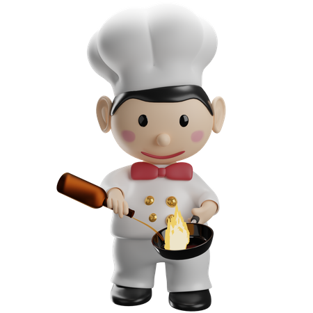 Chef cozinhando com fogo aceso na frigideira  3D Illustration