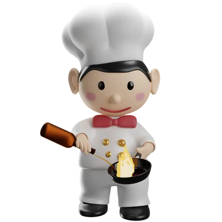 Chef Cozinhando Com Fogo Ardente Na Frigideira Ilustracao 3 D 3D Illustration
