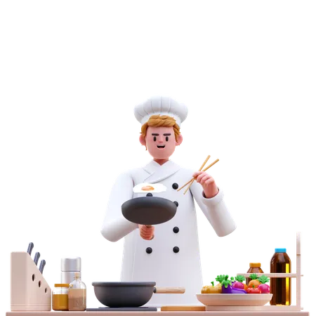 Chef masculino cozinhando na frigideira  3D Illustration