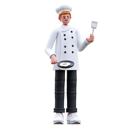 Chef masculino cozinhando ovo em frigideira e segurando espátula  3D Illustration