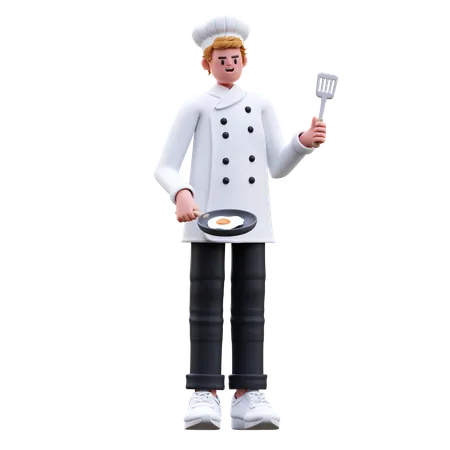 Chef masculino cozinhando ovo em frigideira e segurando espátula  3D Illustration