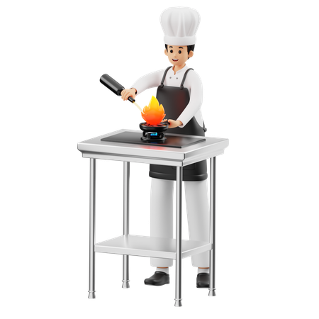 Chef cuisinant avec un feu brûlant  3D Illustration