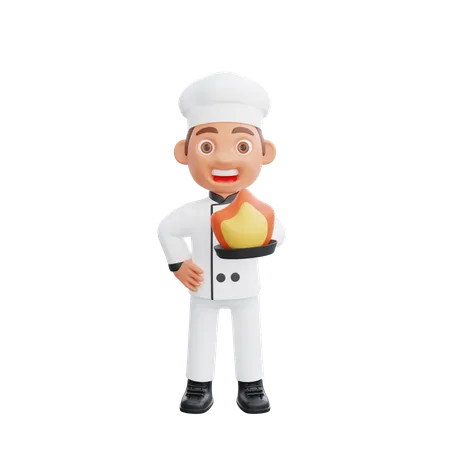 Chef cuisinant avec un feu brûlant sur une poêle à frire  3D Illustration