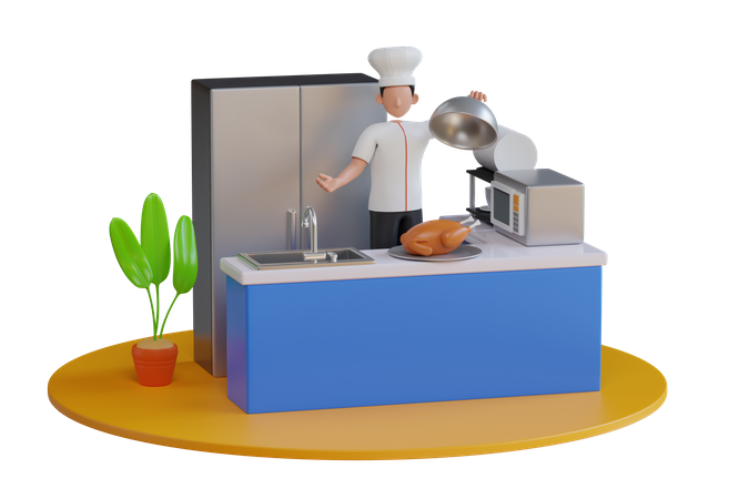 Chef cuisinant du poulet dans la cuisine du restaurant  3D Illustration