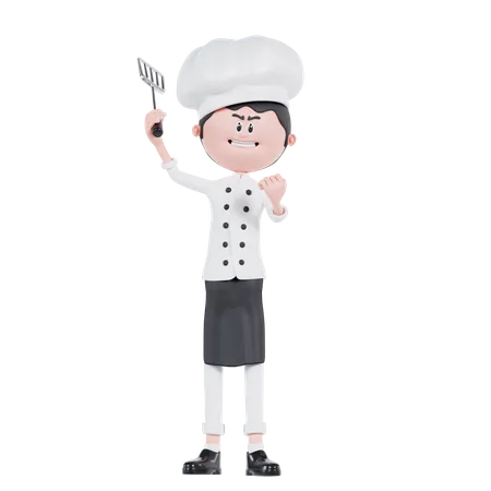 Chef De Dibujos Animados En 3 D De Pie Y Sosteniendo Una Espatula 3D Illustration