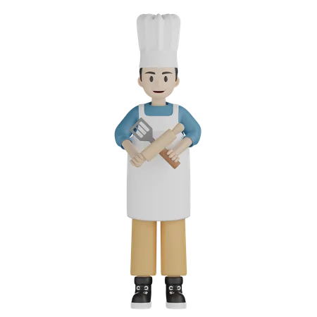 Chef debout et tenant un rouleau à pâtisserie et une spatule  3D Illustration