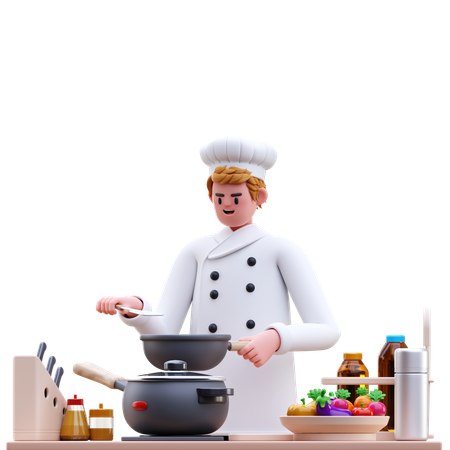 Chef masculino fazendo comida na cozinha  3D Illustration