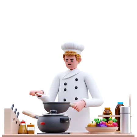 Chef masculino fazendo comida na cozinha  3D Illustration