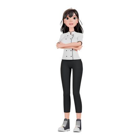 Chef feminina em pé com as mãos dobradas  3D Illustration