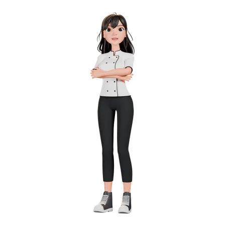 Chef feminina em pé com as mãos dobradas  3D Illustration