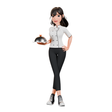 Chef feminina em pé com prato de comida  3D Icon