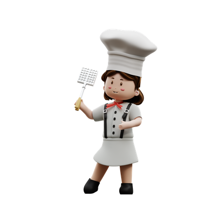 Chef feminina segurando churrasqueira  3D Illustration