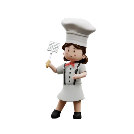 Chef feminina segurando churrasqueira  3D Illustration