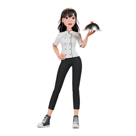 Chef feminina segurando prato de cozinha  3D Icon