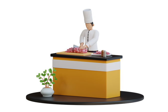 Chef coupant de la viande  3D Illustration