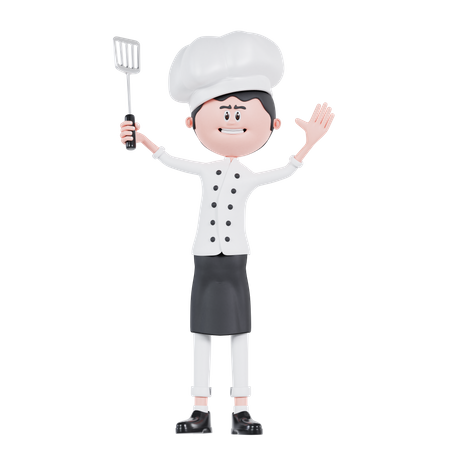Chef Holding A Spatula And Waving Hand  3D Icon