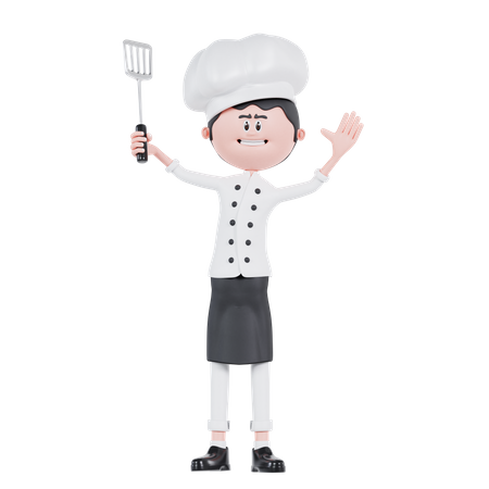 Chef Holding A Spatula And Waving Hand  3D Illustration