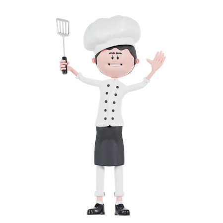 3 D Cartoon Chef Holding A Spatula And Waving Hand 3D Illustration