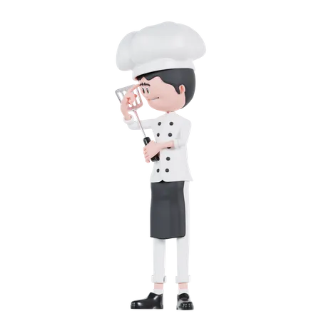3 D Cartoon Chef Holding A Spatula With Thingking 3D Illustration