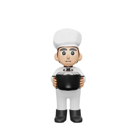Ilustracion De Personaje De Chef De Renderizado 3 D Con Olla De Cocina 3D Illustration