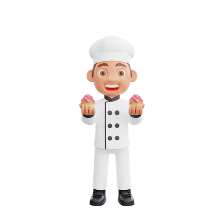 Chef Holding Cupcake  3D Illustration