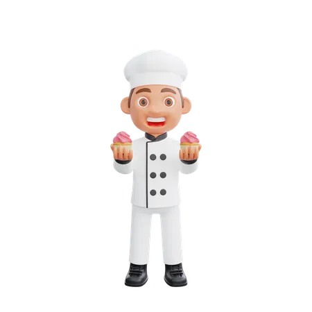 Chef Holding Cupcake  3D Illustration