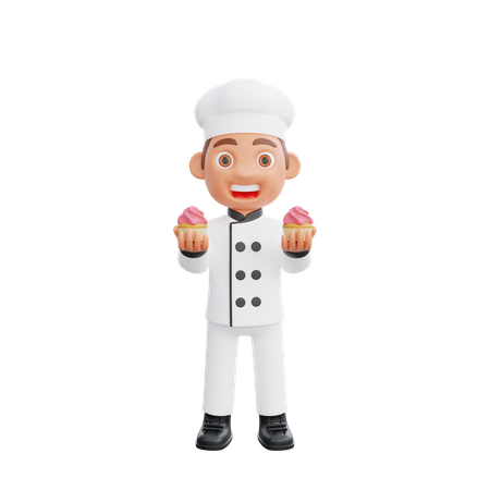 Chef Holding Cupcake  3D Illustration