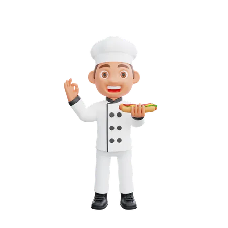 Chef holding Hot Dog And Showing Ok Sign  3D Illustration