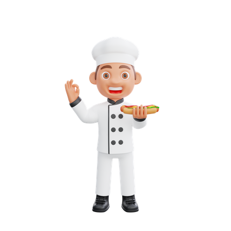 Chef holding Hot Dog And Showing Ok Sign  3D Icon