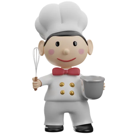 Chef Holding Steinless Steel Mixing Bowl 3D Illustration