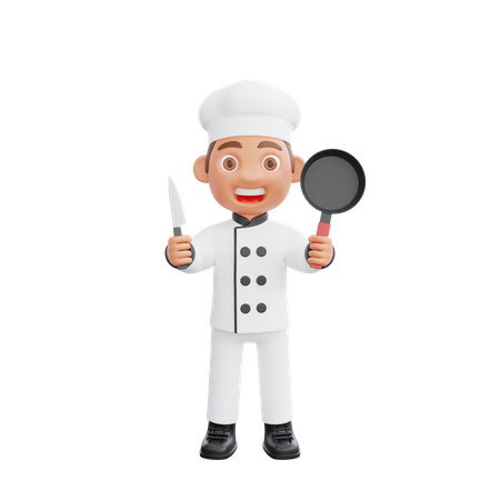 Chef Holding Pan and Knife  3D Illustration