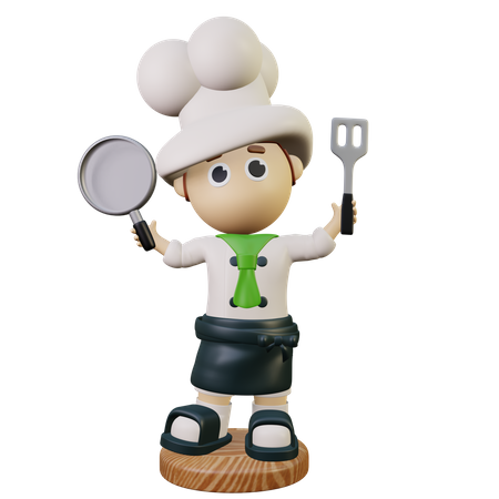 Chef holding pan and spatula 3D Illustration