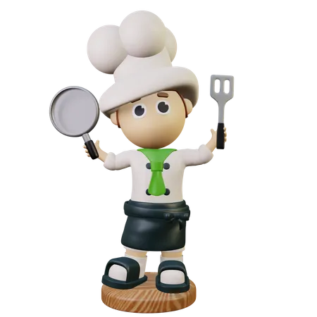 Chef holding pan and spatula 3D Illustration